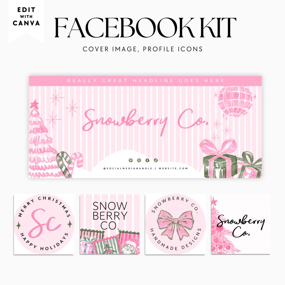 Facebook Branding Canva Template | Vintage Pink Christmas Cover Photos & Icon | Roselle
