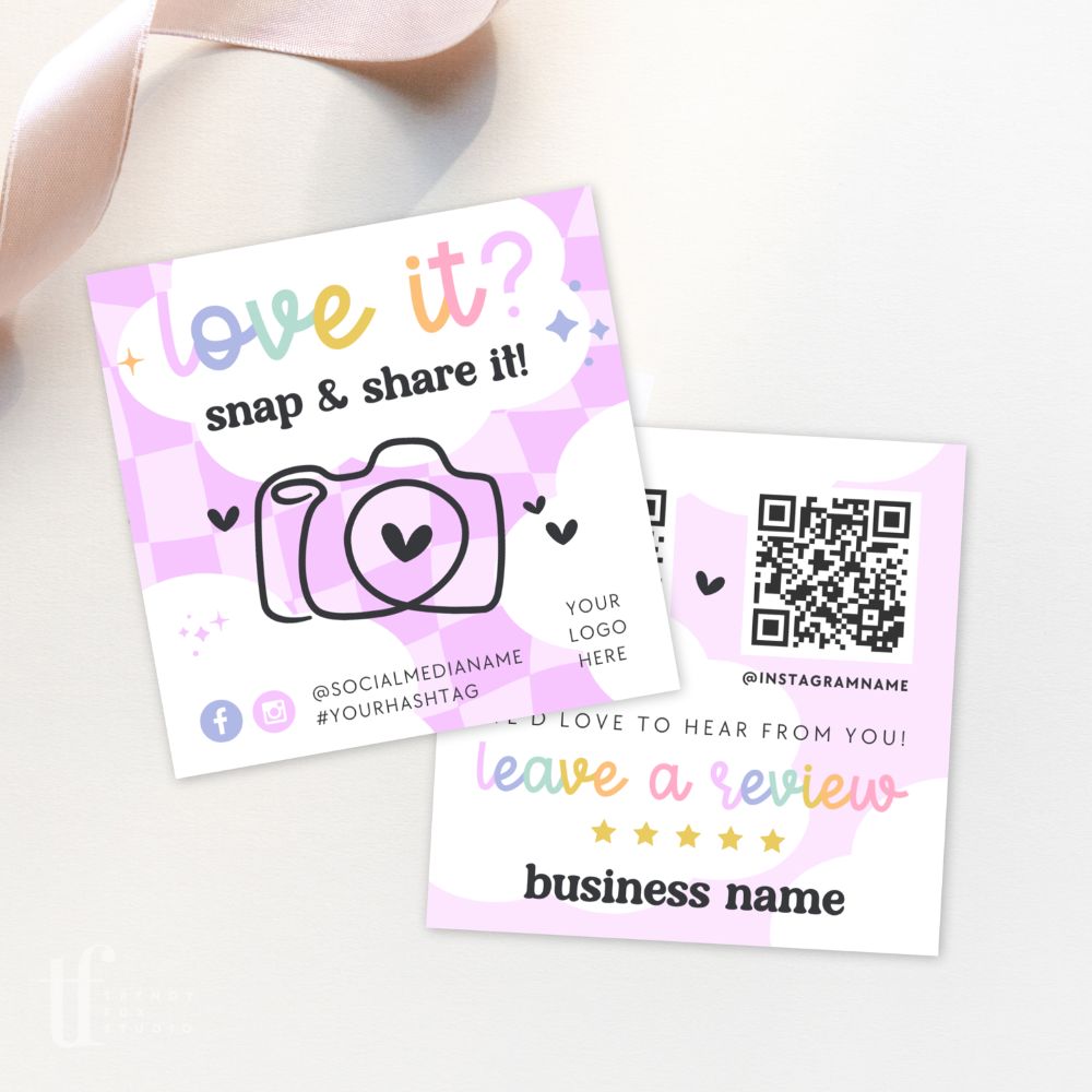 Snap and Share QR Code Social Media Business Card Canva Template | Rainbow Checkered | Lulu - Trendy Fox Studio