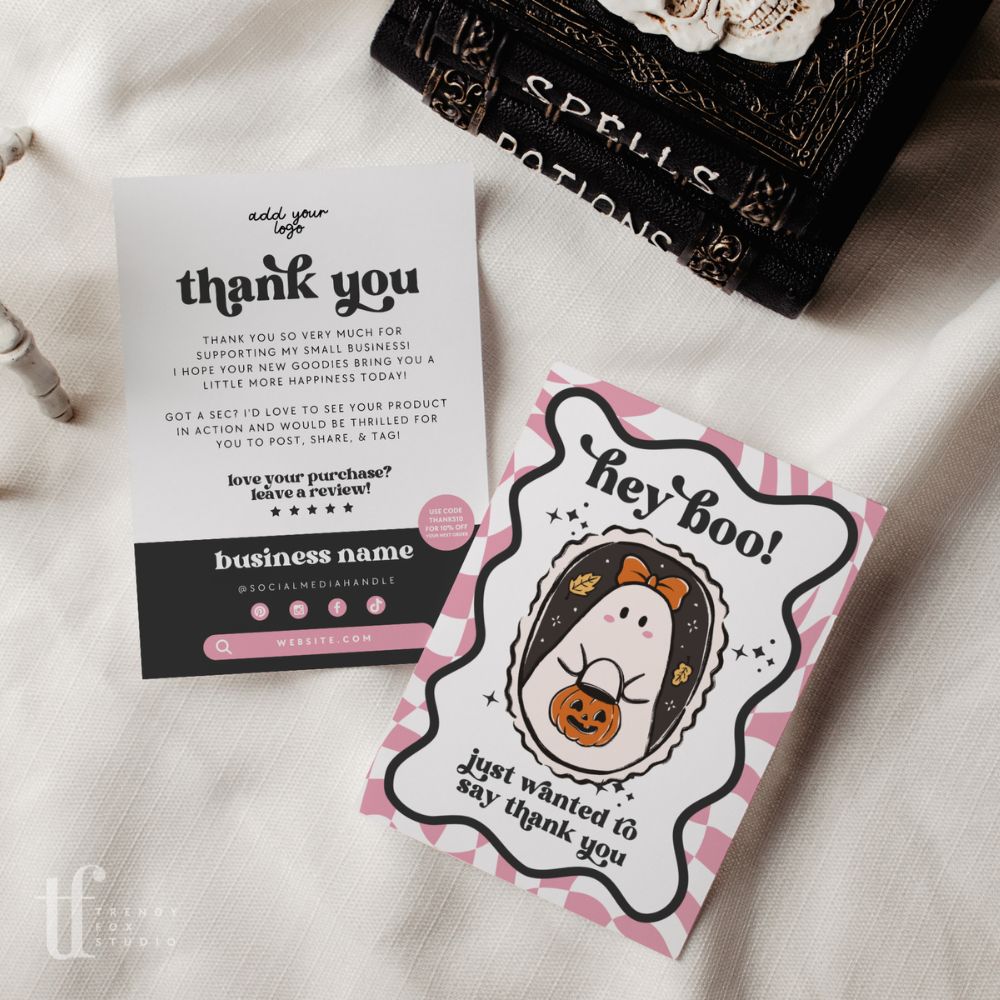 Halloween Business Thank You Card Canva Template | Retro Checkered Ghost Stamp - Trendy Fox Studio