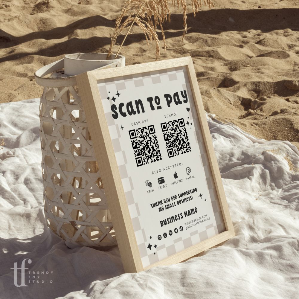 Scan to Pay QR Code Sign, Accepted Payments Sign Canva Template | Retro Checkered | Millie - Trendy Fox Studio