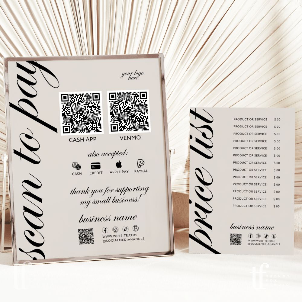Scan to Pay Sign & Price List Sign | 2 QR Code | Canva Template | Wynn - Trendy Fox Studio