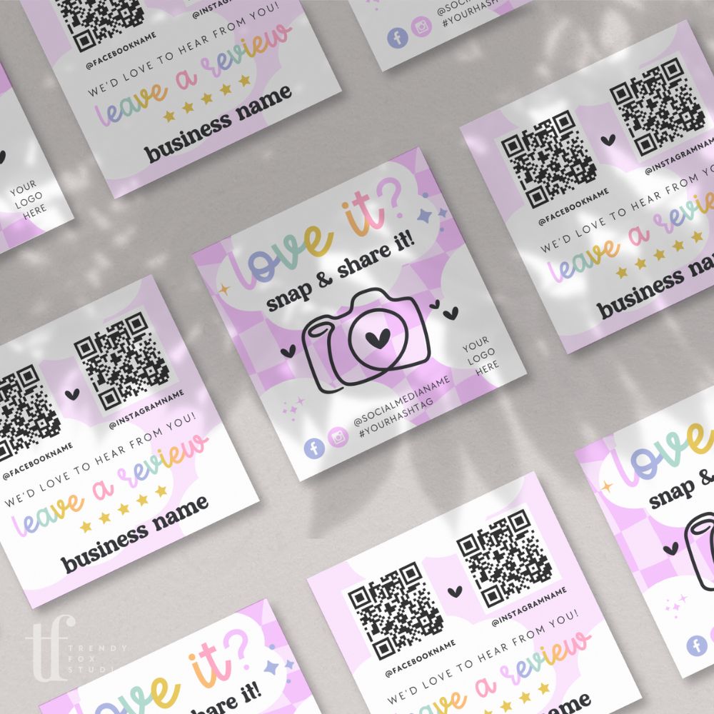 Snap and Share QR Code Social Media Business Card Canva Template | Rainbow Checkered | Lulu - Trendy Fox Studio