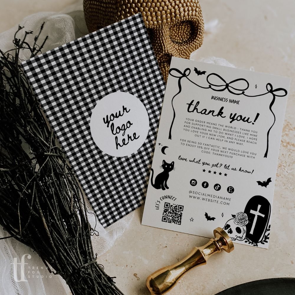 Halloween Business Thank You Card with QR Code Canva Template | Girly Whimsical - Trendy Fox Studio