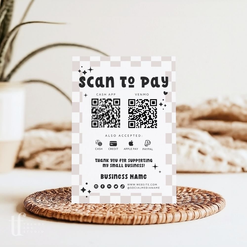 Scan to Pay QR Code Sign, Accepted Payments Sign Canva Template | Retro Checkered | Millie - Trendy Fox Studio
