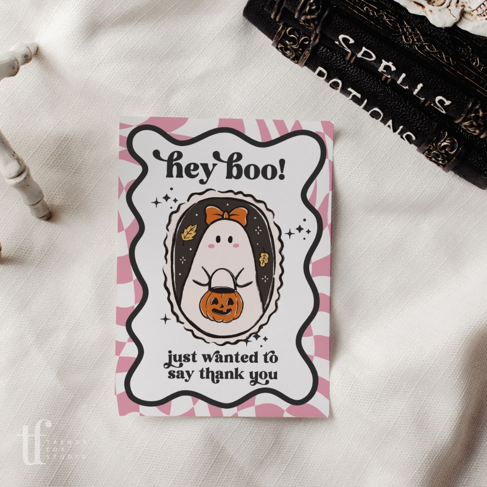 Halloween Business Thank You Card Canva Template | Retro Checkered Ghost Stamp - Trendy Fox Studio
