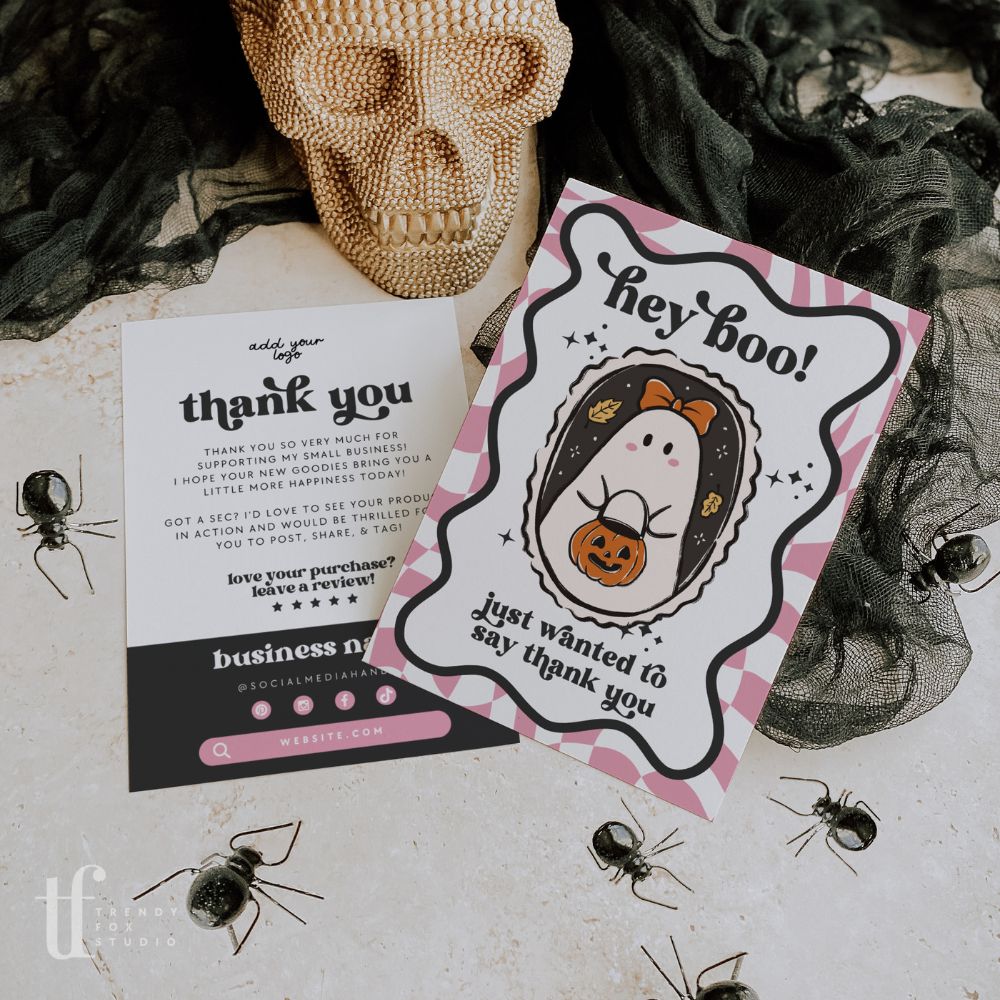 Halloween Business Thank You Card Canva Template | Retro Checkered Ghost Stamp - Trendy Fox Studio