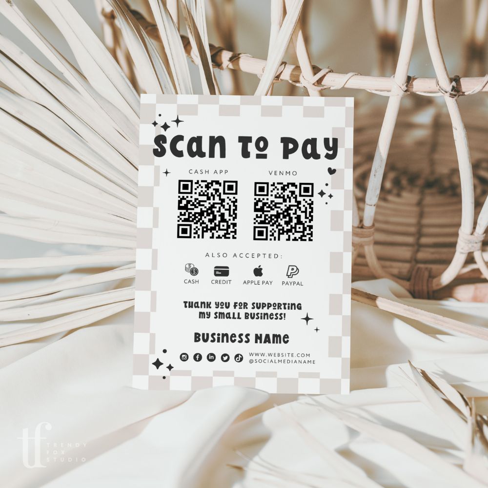 Scan to Pay QR Code Sign, Accepted Payments Sign Canva Template | Retro Checkered | Millie - Trendy Fox Studio