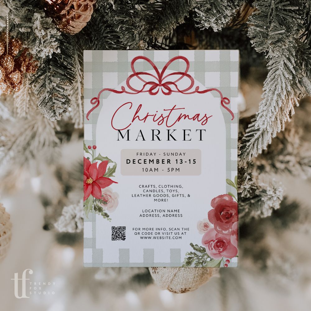 Christmas Craft Fair Event Flyer with QR Code Canva Template | Preppy Granmillenial - Trendy Fox Studio