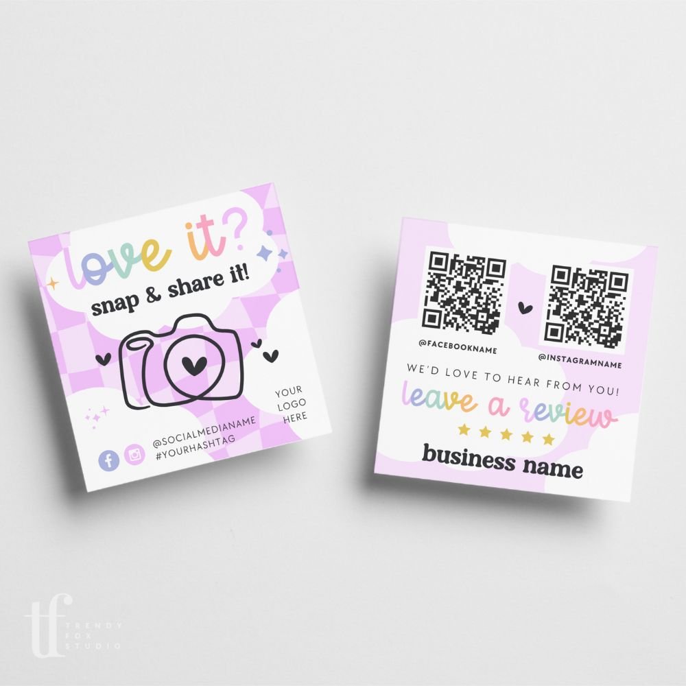 Snap and Share QR Code Social Media Business Card Canva Template | Rainbow Checkered | Lulu - Trendy Fox Studio