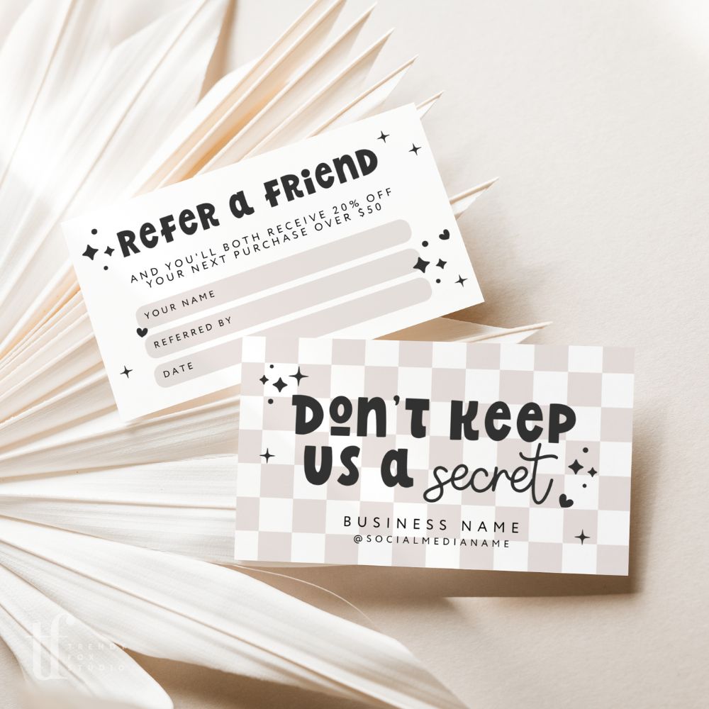 Refer A Friend Discount Card Canva Template | Cute Retro Checkered | Millie - Trendy Fox Studio