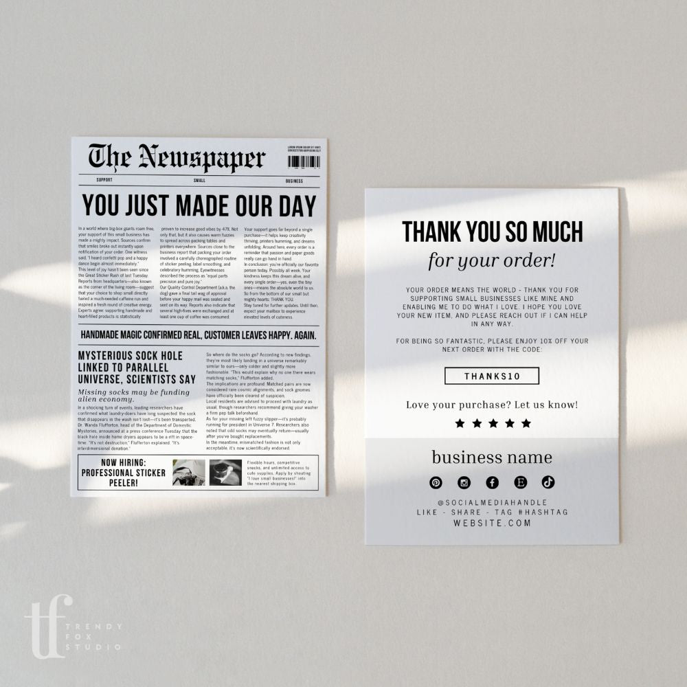 Newspaper Thank You Card | Canva Template - Trendy Fox Studio