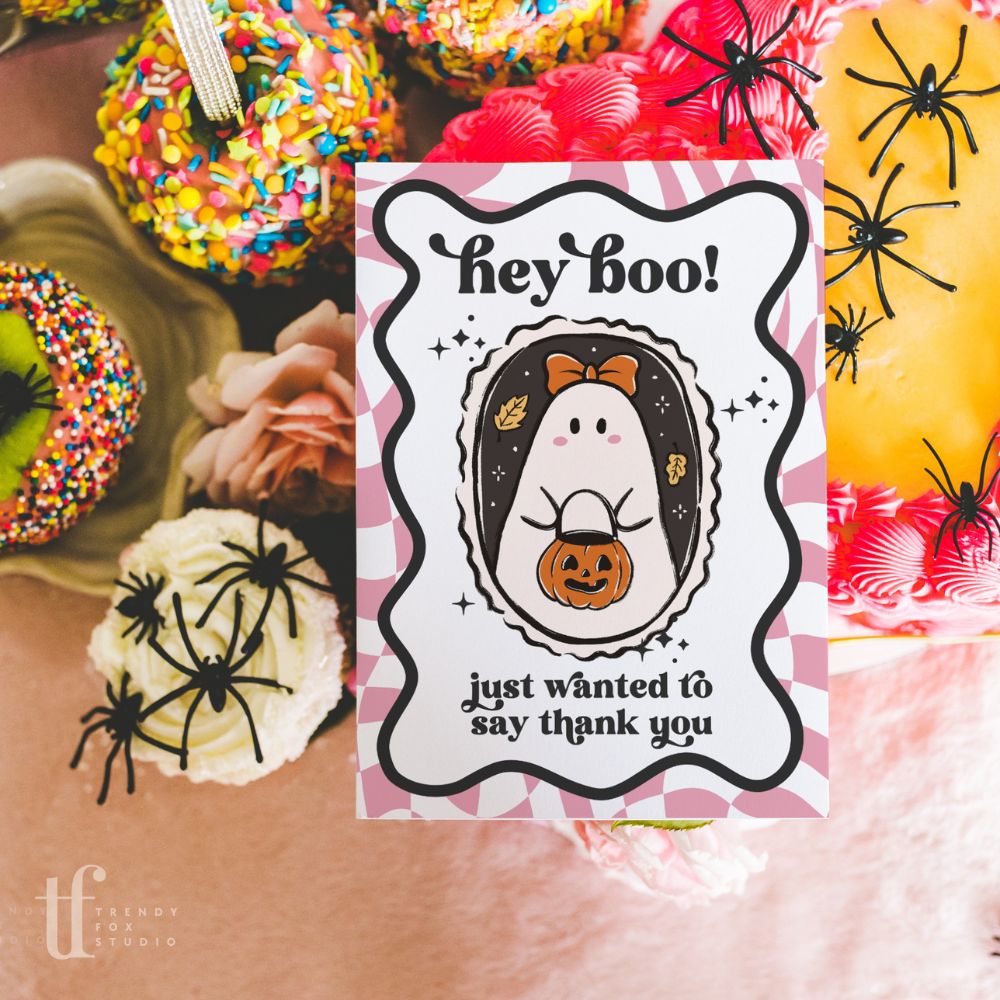 Halloween Business Thank You Card Canva Template | Retro Checkered Ghost Stamp - Trendy Fox Studio