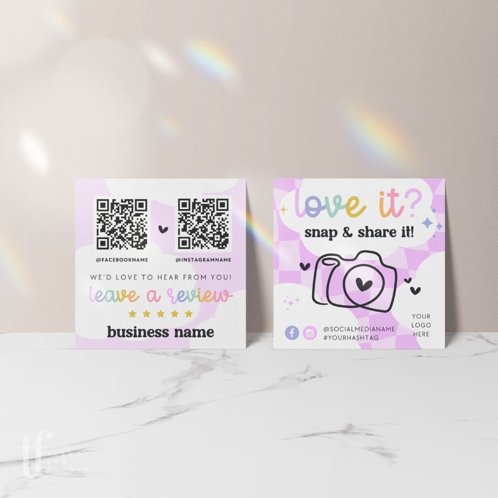 Snap and Share QR Code Social Media Business Card Canva Template | Rainbow Checkered | Lulu - Trendy Fox Studio