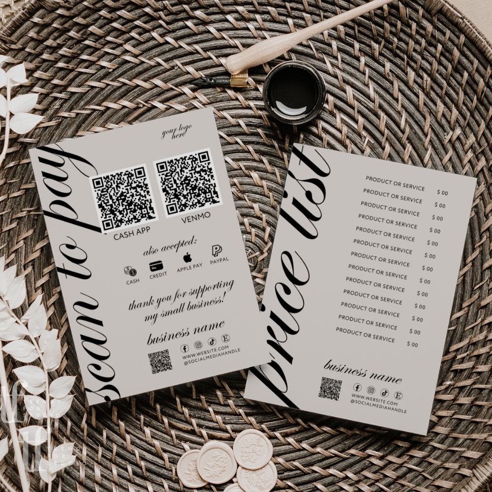 Scan to Pay Sign & Price List Sign | 2 QR Code | Canva Template | Wynn - Trendy Fox Studio