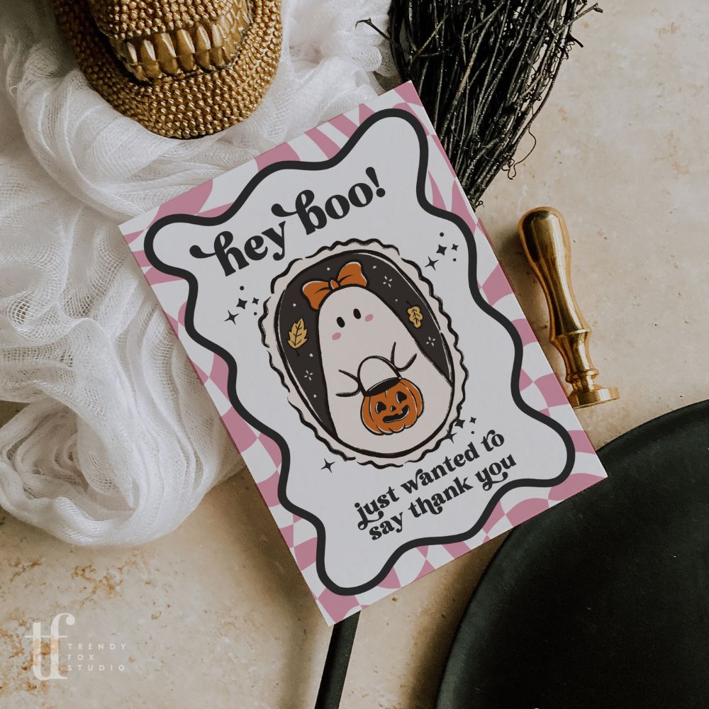 Halloween Business Thank You Card Canva Template | Retro Checkered Ghost Stamp - Trendy Fox Studio