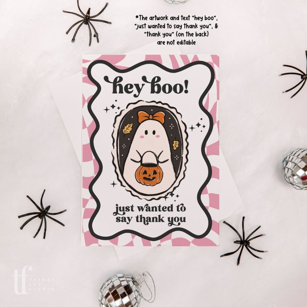 Halloween Business Thank You Card Canva Template | Retro Checkered Ghost Stamp - Trendy Fox Studio