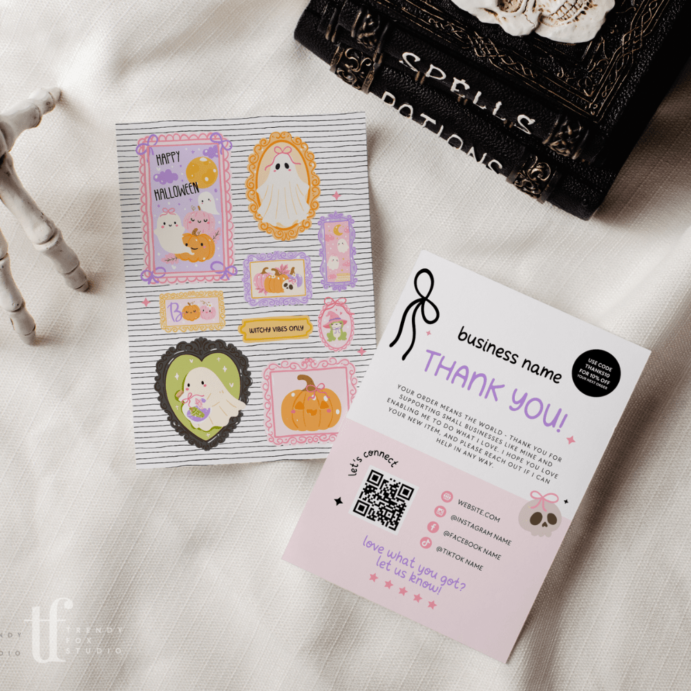 Halloween Business Thank You Card Canva Template | Pastel Pink Coquette Frames - Trendy Fox Studio