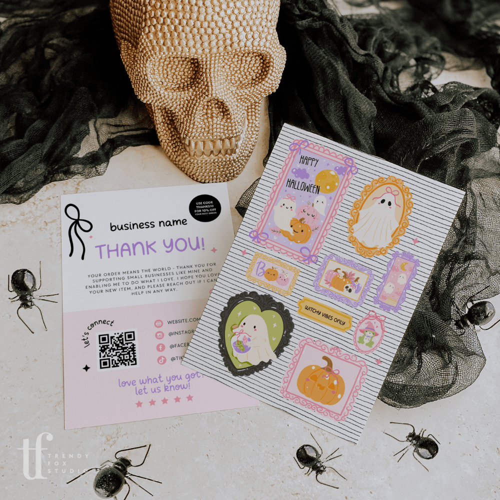 Halloween Business Thank You Card Canva Template | Pastel Pink Coquette Frames - Trendy Fox Studio