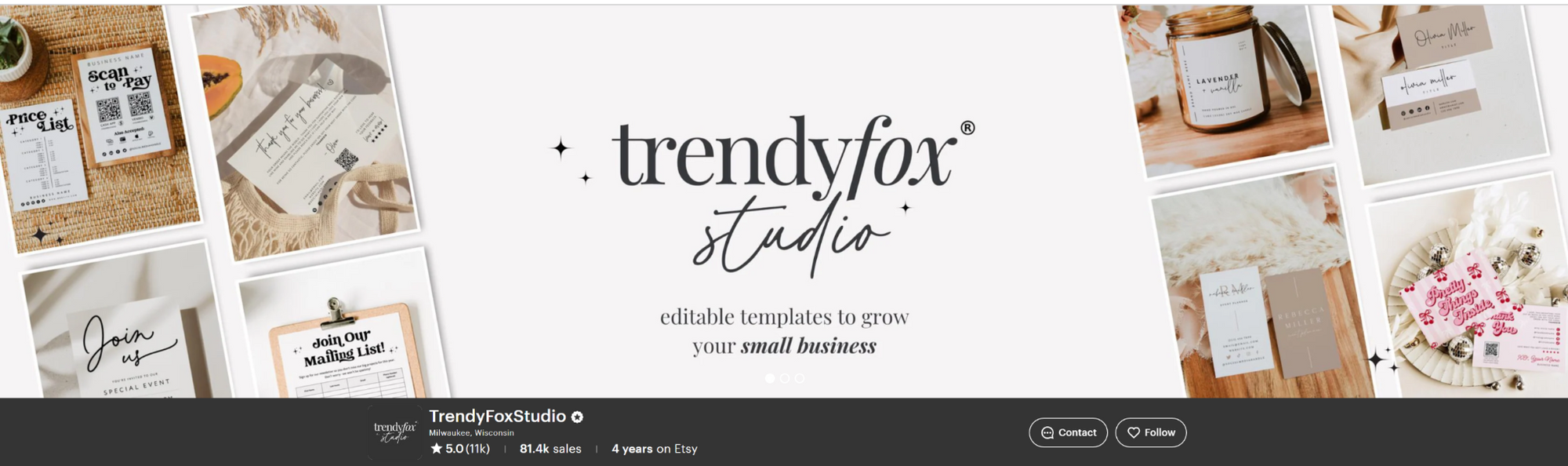 Promotional banner for trendyfox studio with various product images and branding text.