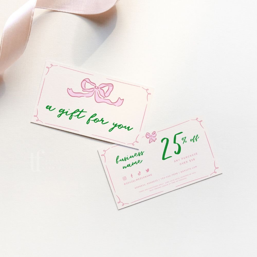 Girly Coquette Bows Coupon Card, Discount Card Canva Template | Daphne - Trendy Fox Studio