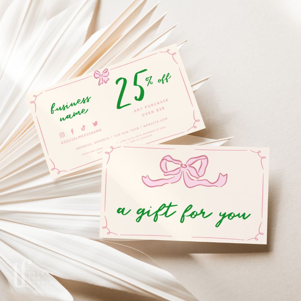 Girly Coquette Bows Coupon Card, Discount Card Canva Template | Daphne - Trendy Fox Studio