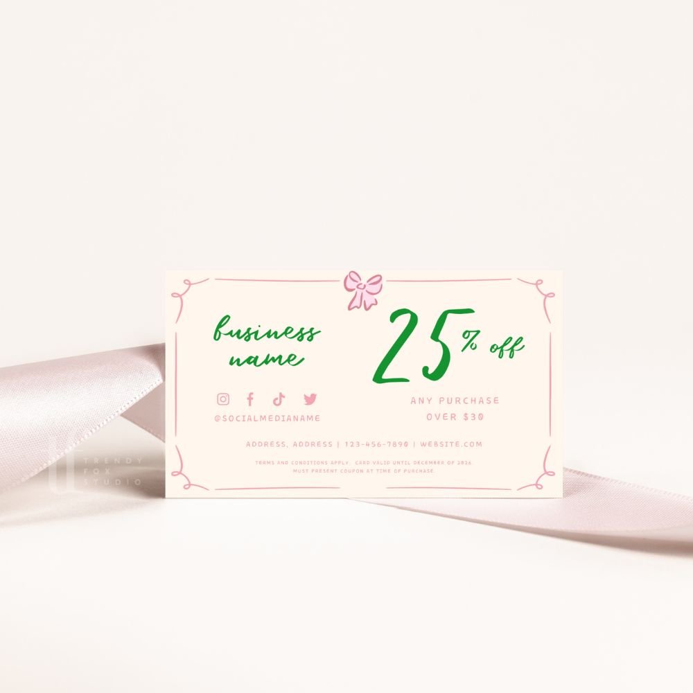 Girly Coquette Bows Coupon Card, Discount Card Canva Template | Daphne - Trendy Fox Studio