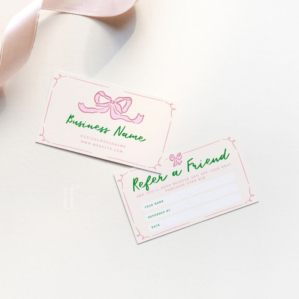 Girly Coquette Bows Refer A Friend Discount Card Canva Template | Daphne - Trendy Fox Studio