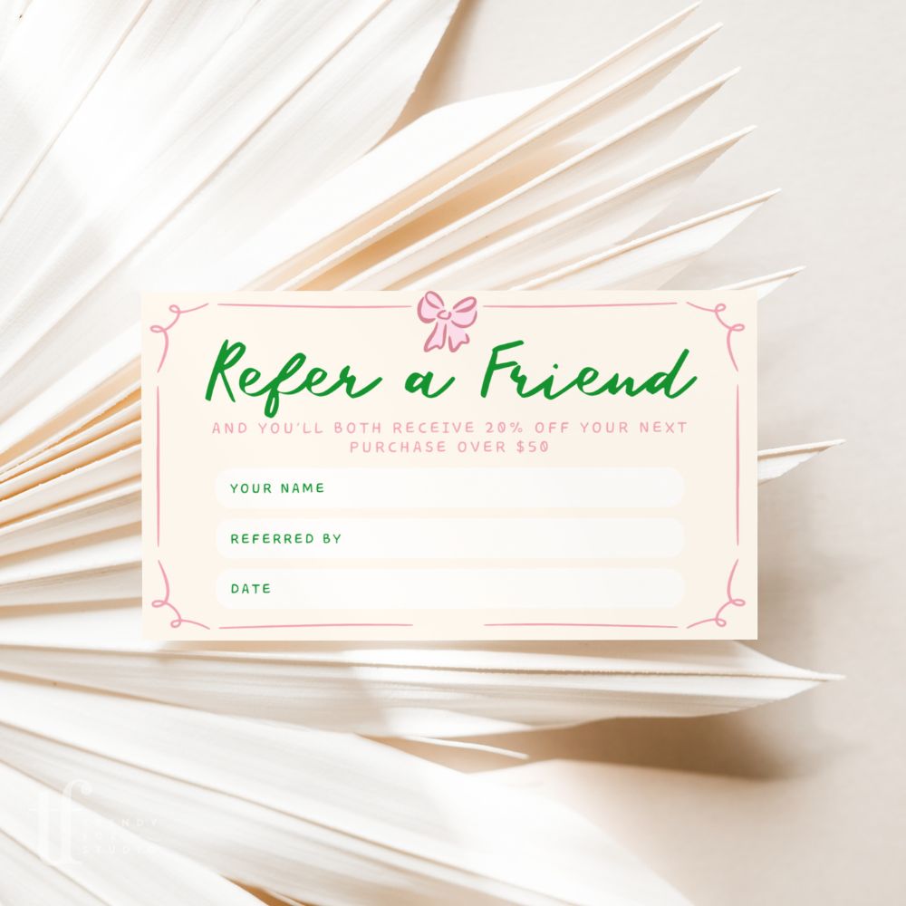 Girly Coquette Bows Refer A Friend Discount Card Canva Template | Daphne - Trendy Fox Studio