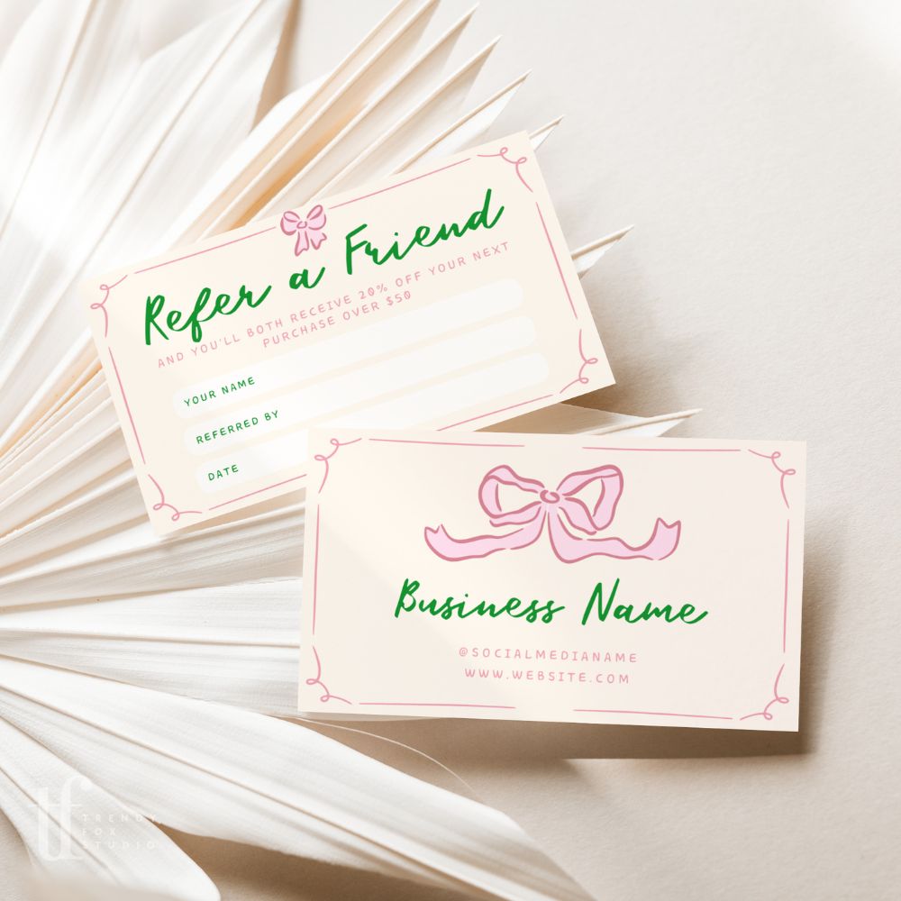 Girly Coquette Bows Refer A Friend Discount Card Canva Template | Daphne - Trendy Fox Studio