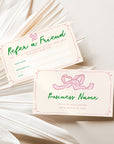 Girly Coquette Bows Refer A Friend Discount Card Canva Template | Daphne - Trendy Fox Studio