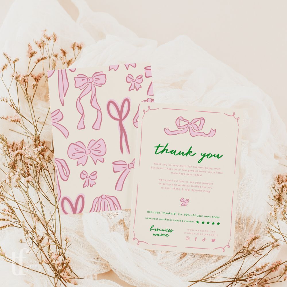 Girly Coquette Business Thank You Card Canva Template | Daphne - Trendy Fox Studio