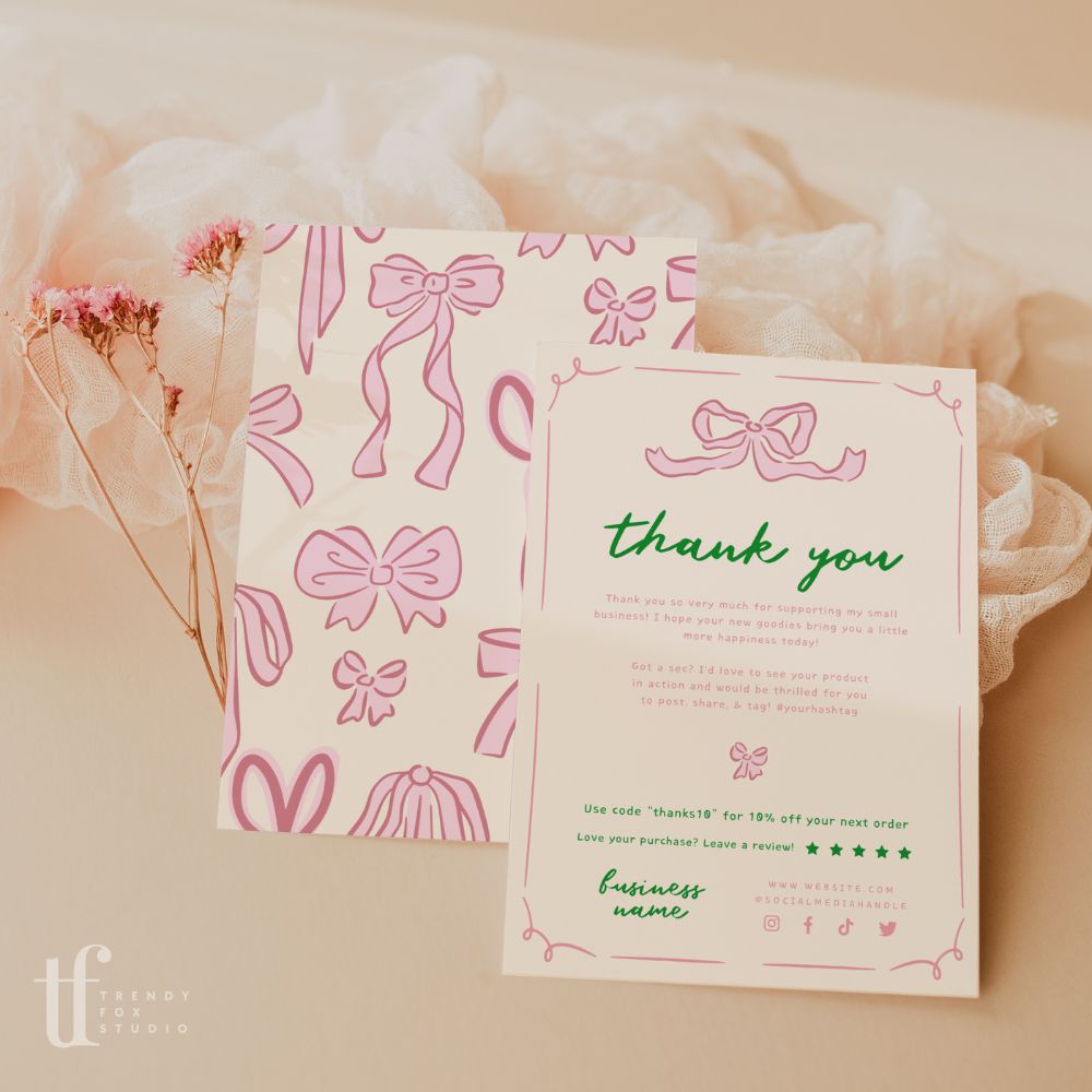 Girly Coquette Business Thank You Card Canva Template | Daphne - Trendy Fox Studio
