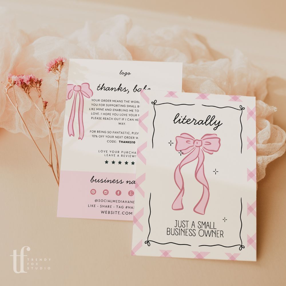 Business Thank You Card Canva Template | Girly Coquette Bows - Trendy Fox Studio