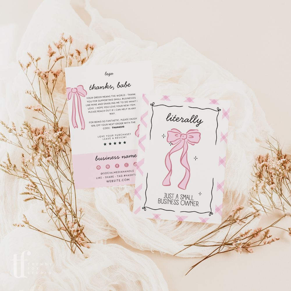 Business Thank You Card Canva Template | Girly Coquette Bows - Trendy Fox Studio