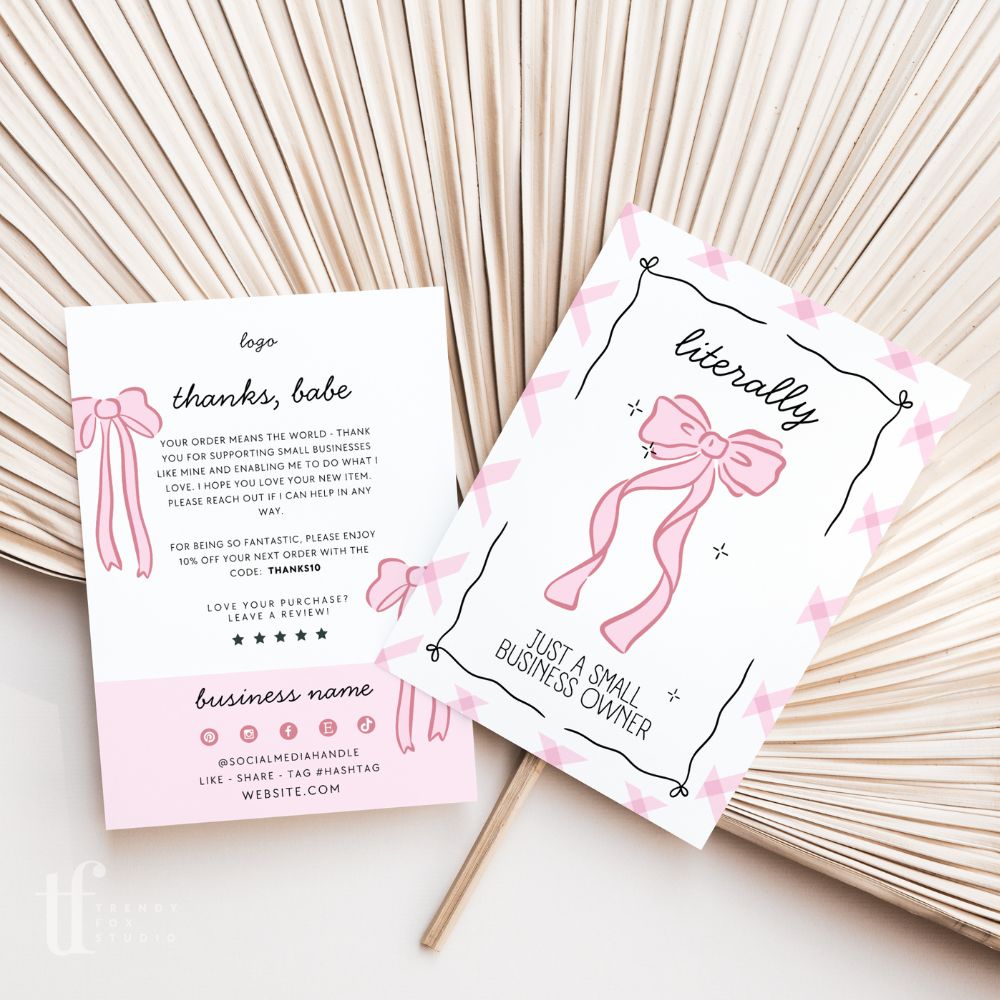 Business Thank You Card Canva Template | Girly Coquette Bows - Trendy Fox Studio