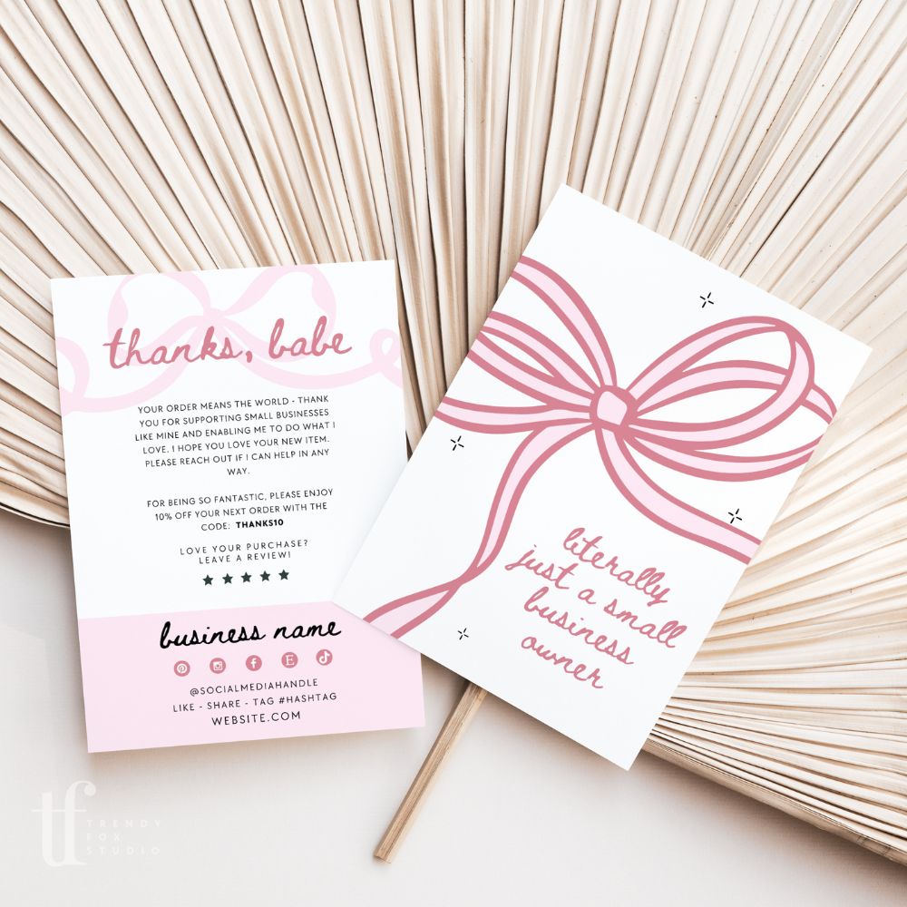 Business Thank You Card Canva Template | Girly Coquette | Literally Just A Small Business Owner - Trendy Fox Studio