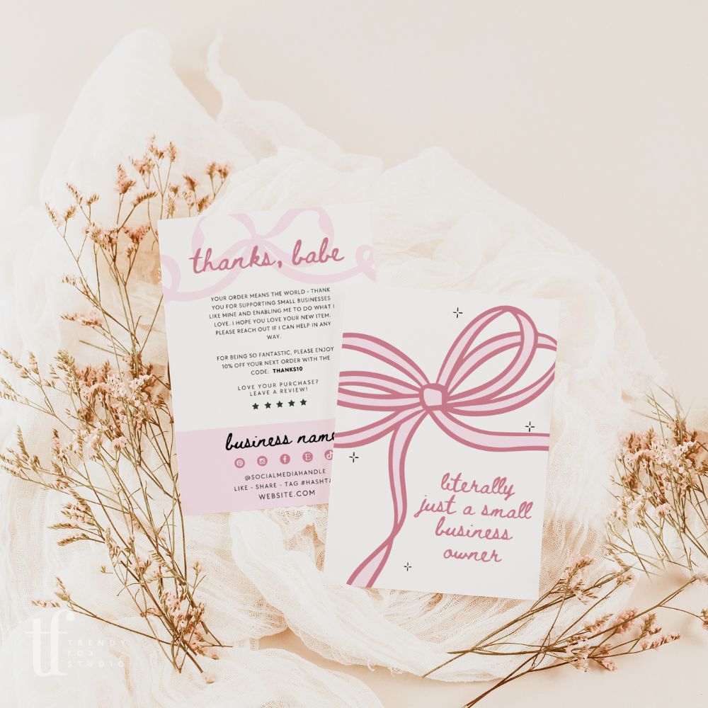 Business Thank You Card Canva Template | Girly Coquette | Literally Just A Small Business Owner - Trendy Fox Studio