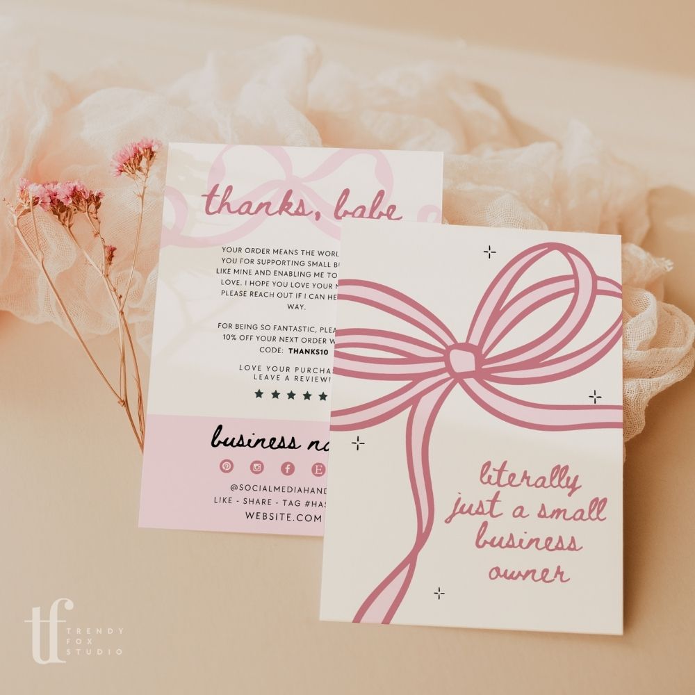 Business Thank You Card Canva Template | Girly Coquette | Literally Just A Small Business Owner - Trendy Fox Studio