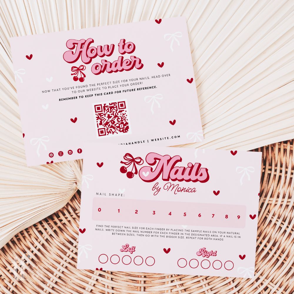 False or Artificial Nails Sizing Kit Backing Card Canva Template | Coquette Cherry - Trendy Fox Studio