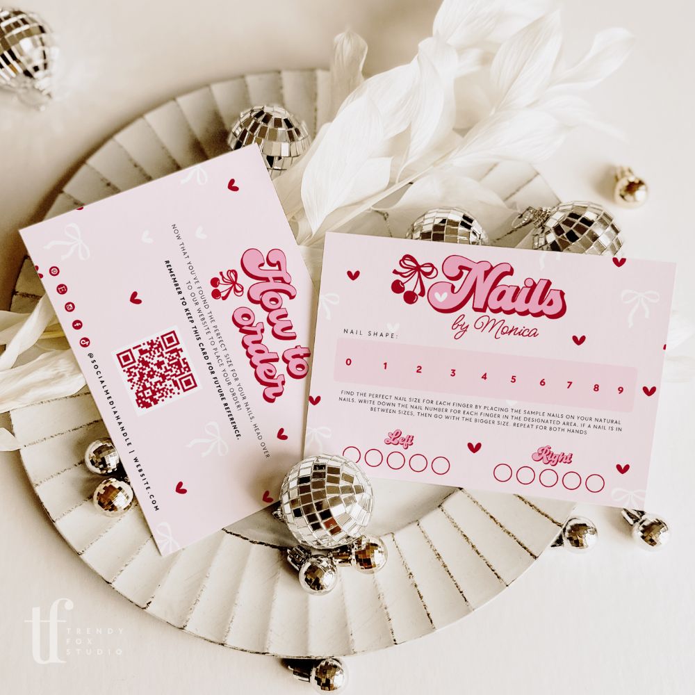 False or Artificial Nails Sizing Kit Backing Card Canva Template | Coquette Cherry - Trendy Fox Studio