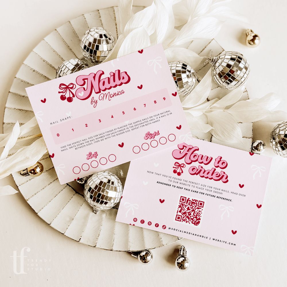 False or Artificial Nails Sizing Kit Backing Card Canva Template | Coquette Cherry - Trendy Fox Studio