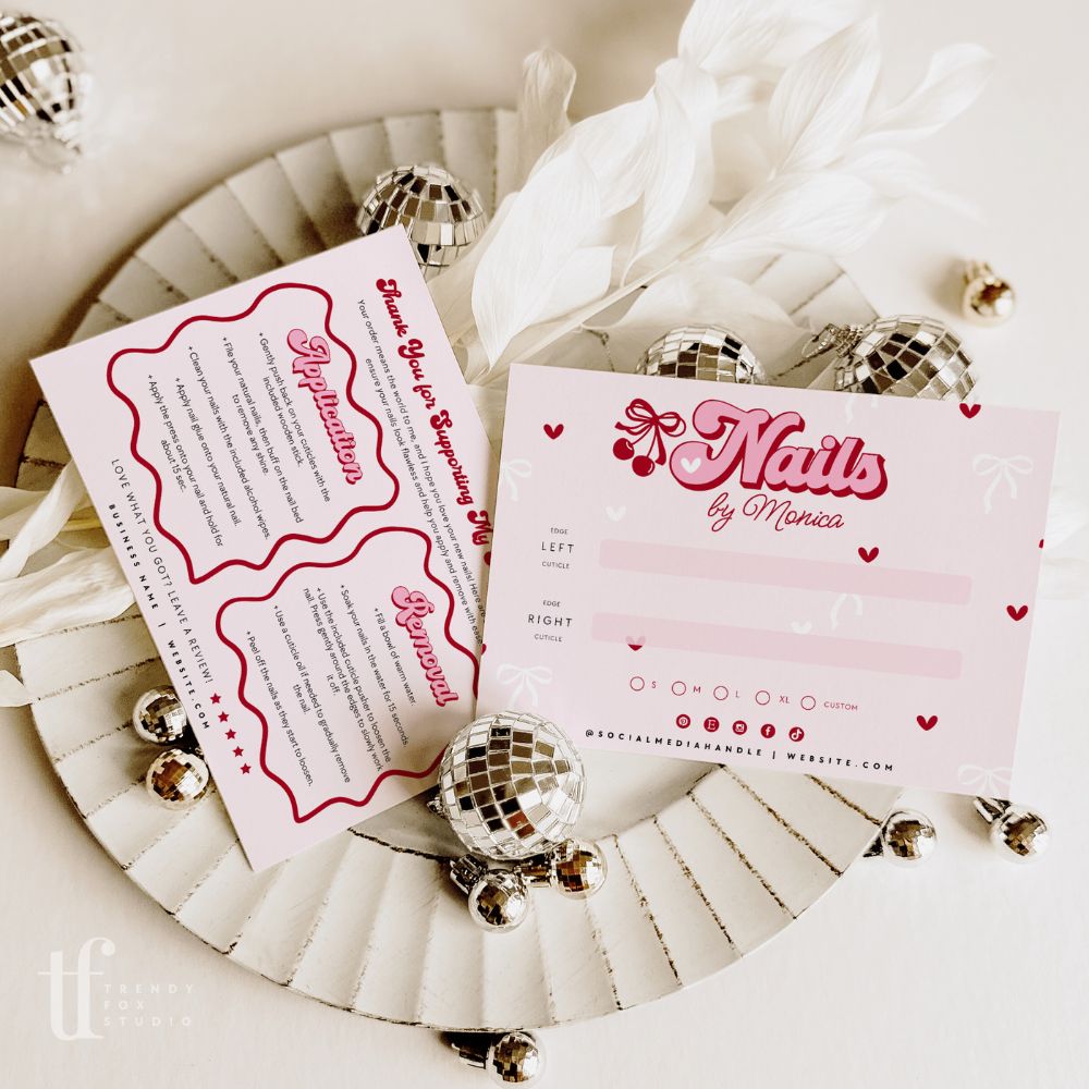 False/Artificial Nails Backing Card, Editable Press On Nail Display Card Canva Template | Coquette Cherry - Trendy Fox Studio