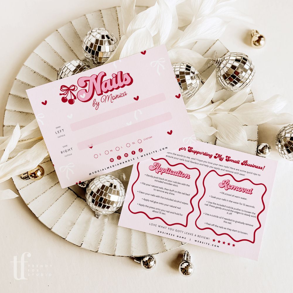 False/Artificial Nails Backing Card, Editable Press On Nail Display Card Canva Template | Coquette Cherry - Trendy Fox Studio