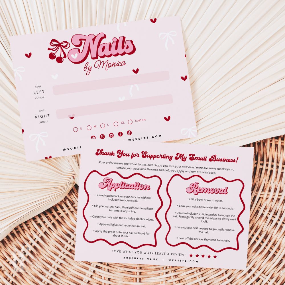 False/Artificial Nails Backing Card, Editable Press On Nail Display Card Canva Template | Coquette Cherry - Trendy Fox Studio
