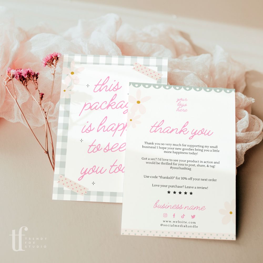 Business Thank You Card Canva Template | Pastel Preppy Gingham | Carla - Trendy Fox Studio