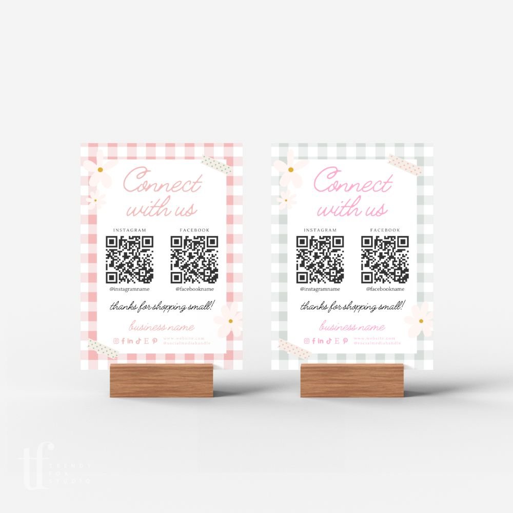 Connect With Us QR Code Social Media Sign Canva Template | Pastel Preppy Gingham | Carla - Trendy Fox Studio