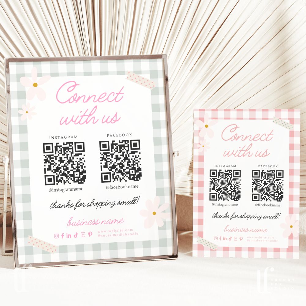 Connect With Us QR Code Social Media Sign Canva Template | Pastel Preppy Gingham | Carla - Trendy Fox Studio