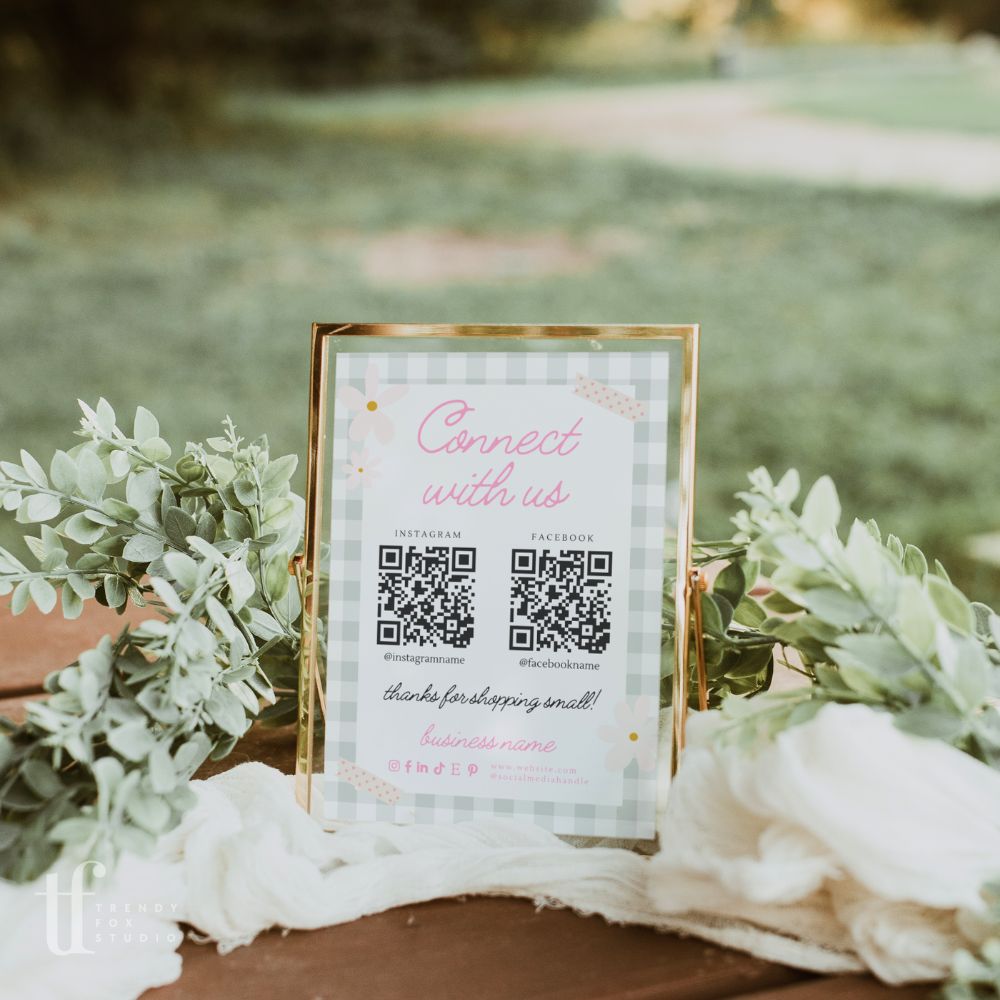 Connect With Us QR Code Social Media Sign Canva Template | Pastel Preppy Gingham | Carla - Trendy Fox Studio