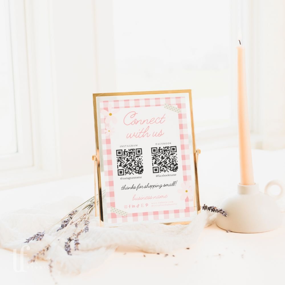Connect With Us QR Code Social Media Sign Canva Template | Pastel Preppy Gingham | Carla - Trendy Fox Studio