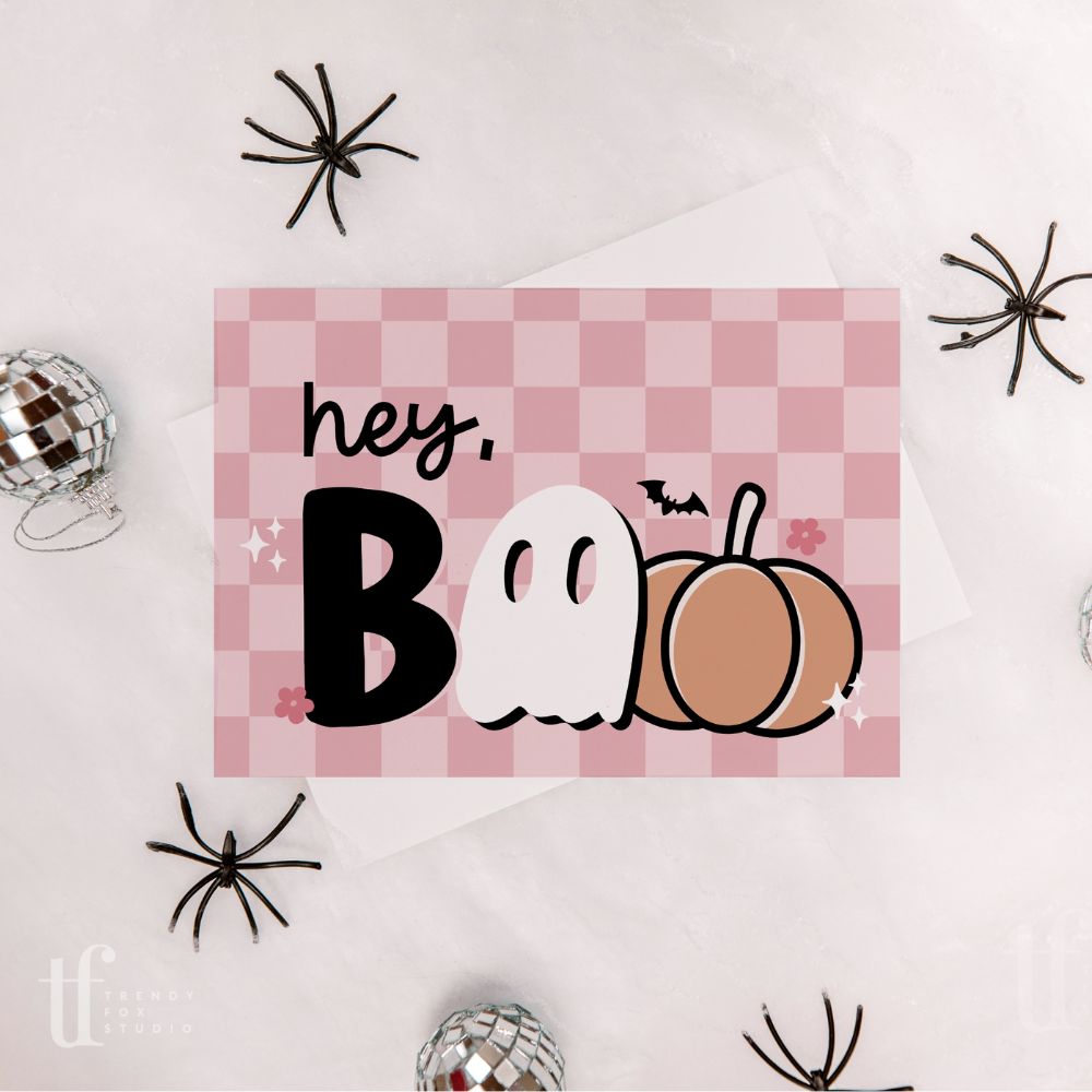 Halloween Business Thank You Card Canva Template | Pink Retro Ghost Pumpkin